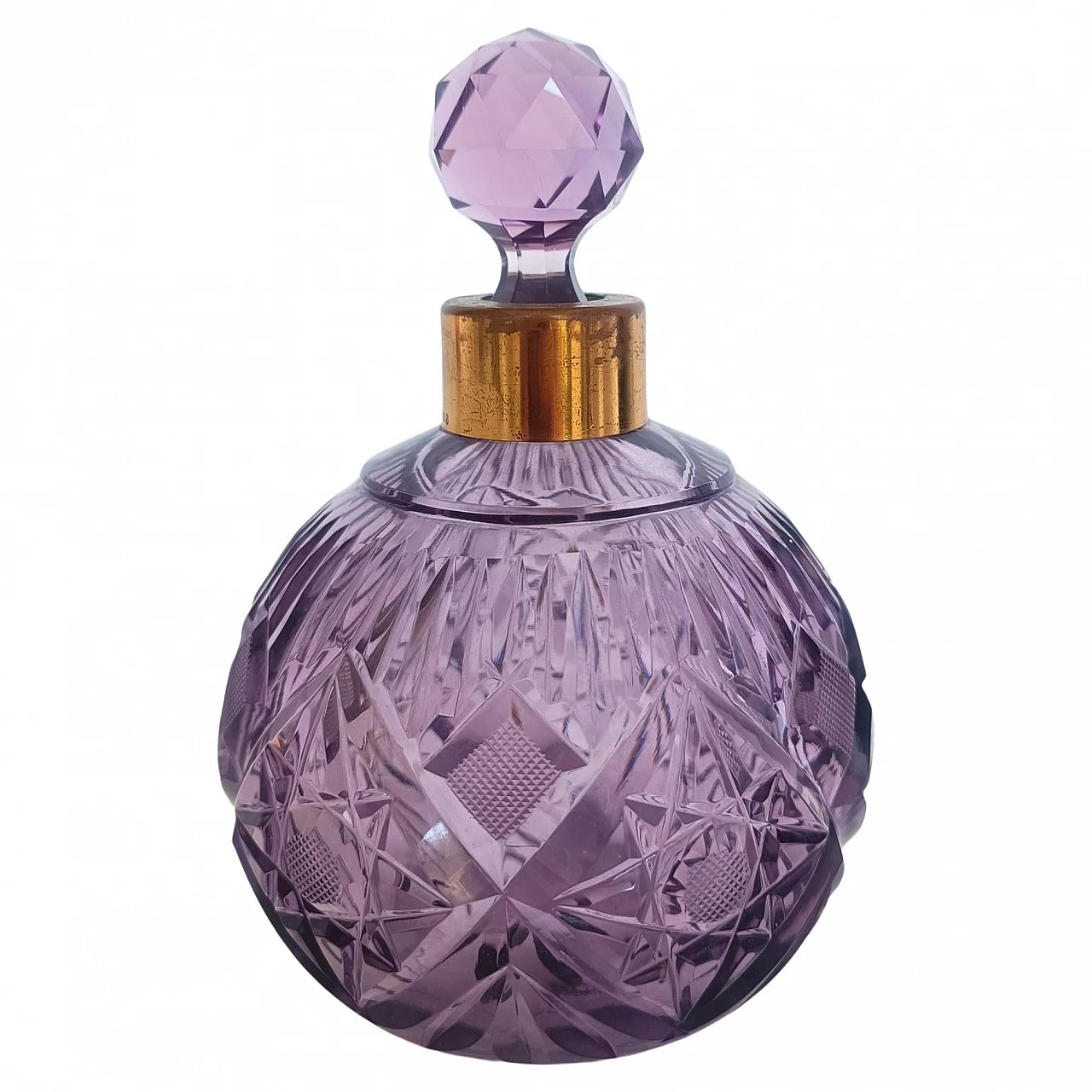 Lilac hand cut crystal glass and brass parfume bottle, 1940s 1