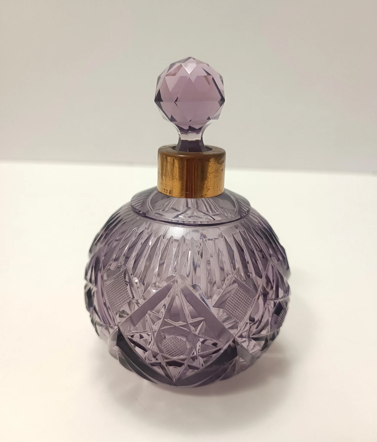 Lilac hand cut crystal glass and brass parfume bottle, 1940s 2