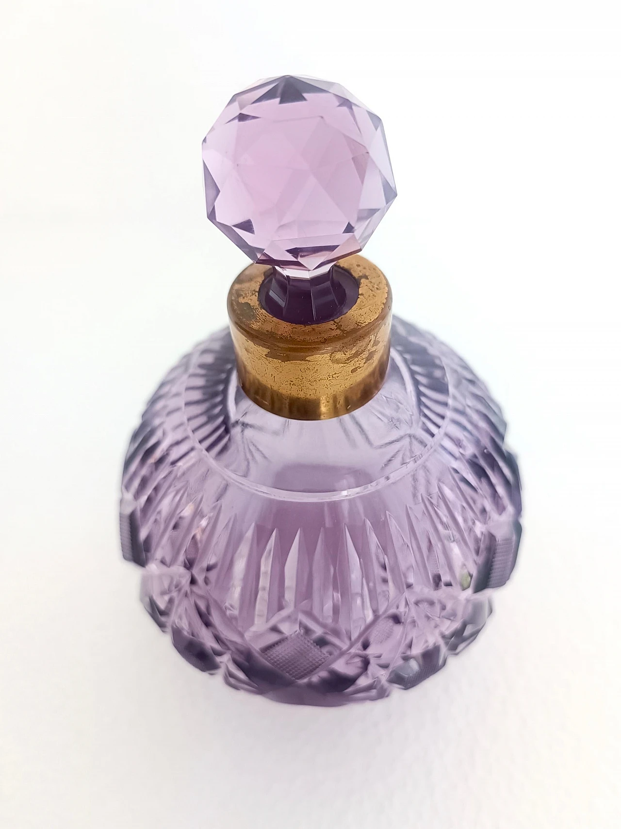 Lilac hand cut crystal glass and brass parfume bottle, 1940s 3