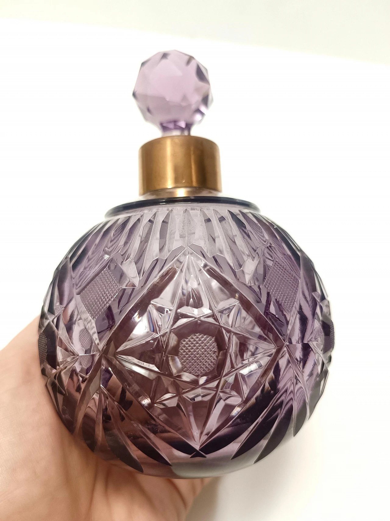 Lilac hand cut crystal glass and brass parfume bottle, 1940s 4