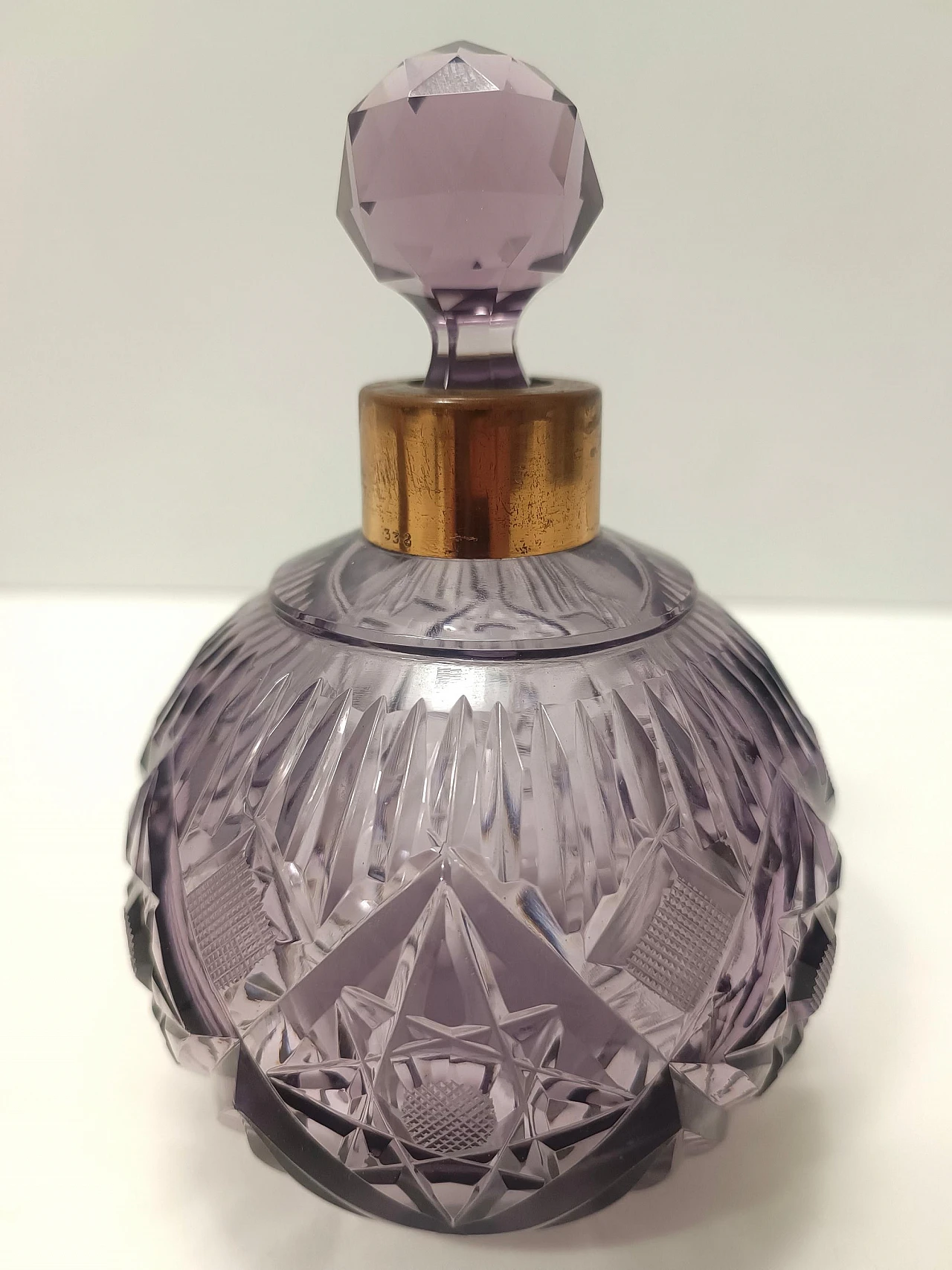 Lilac hand cut crystal glass and brass parfume bottle, 1940s 5