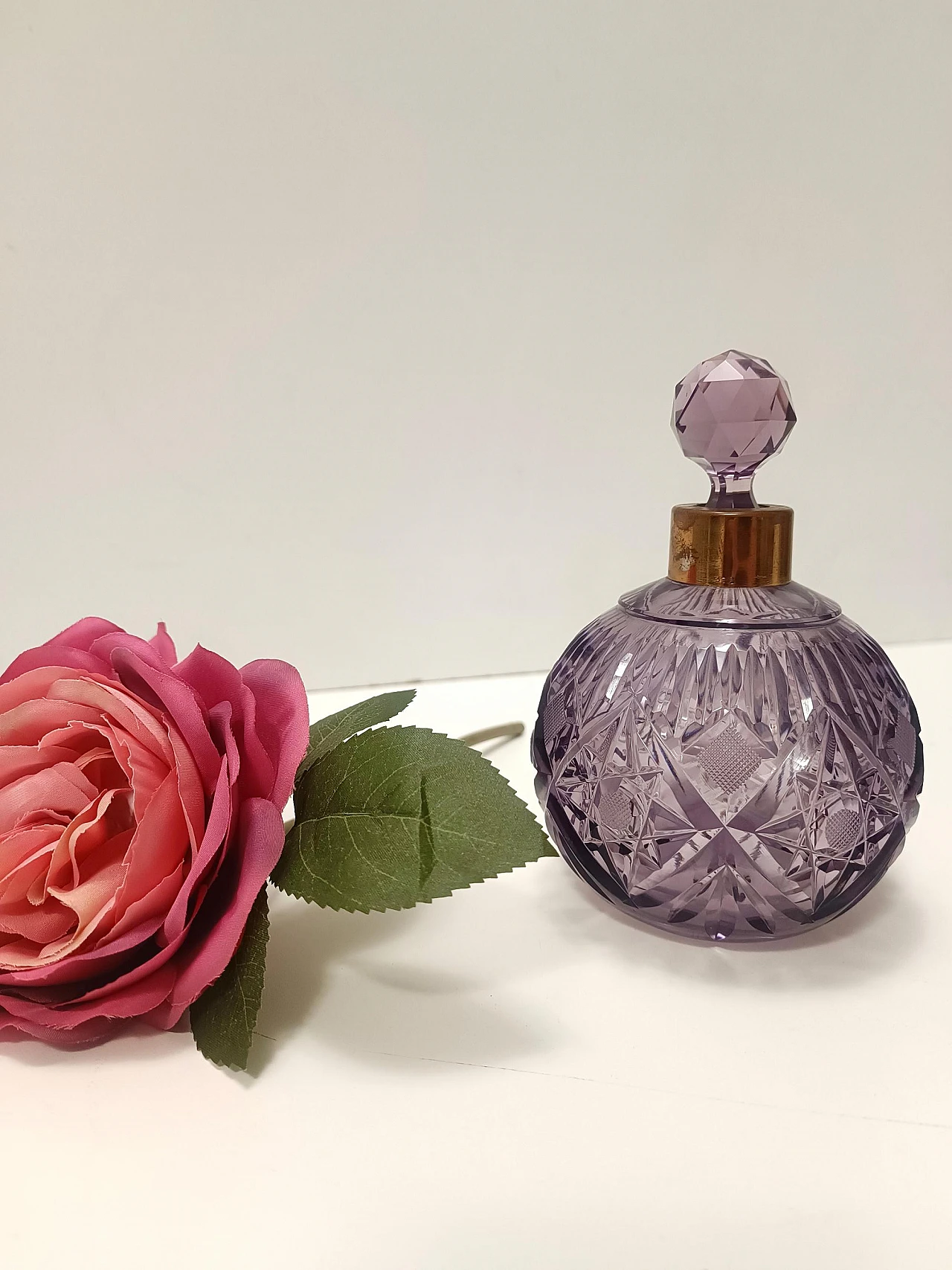 Lilac hand cut crystal glass and brass parfume bottle, 1940s 7