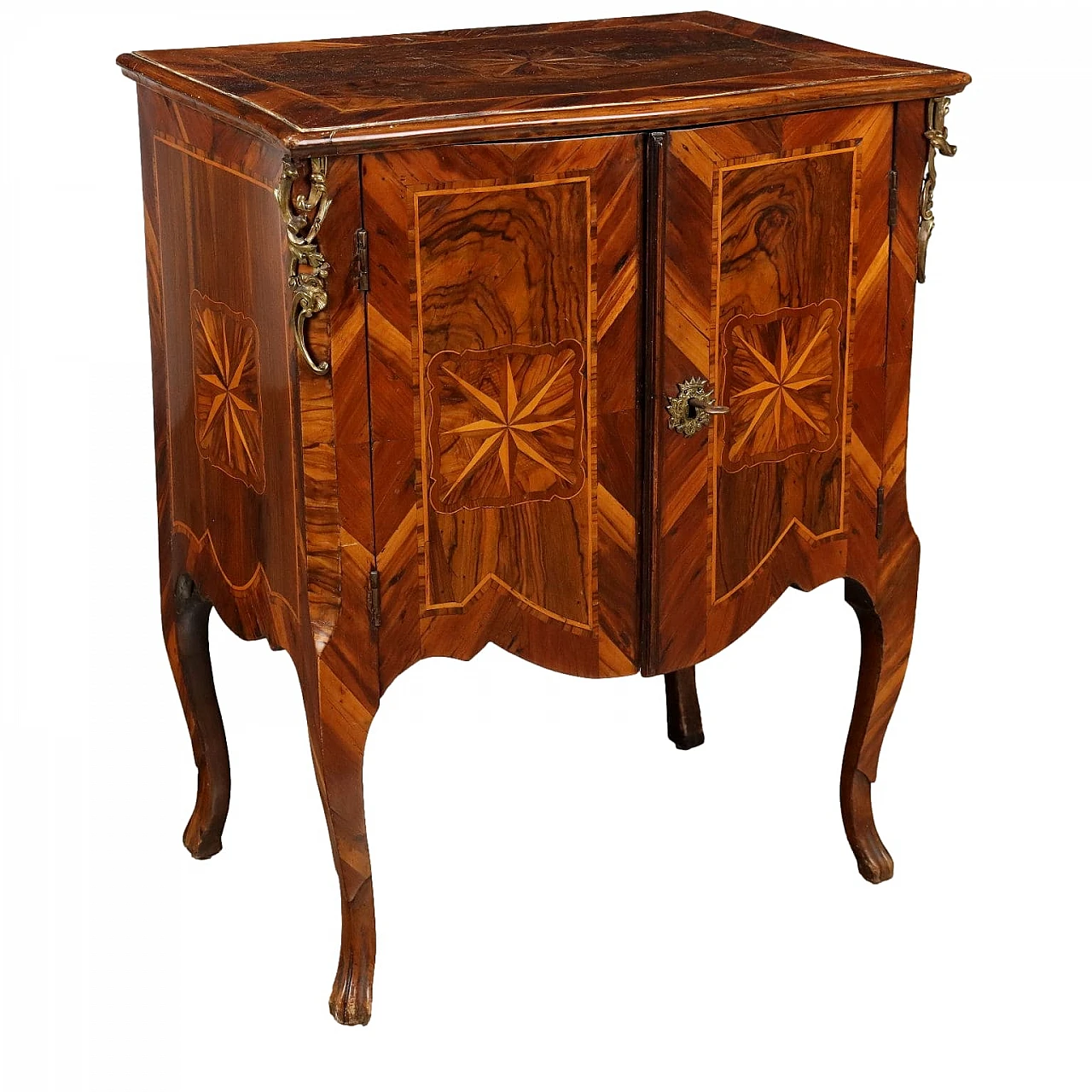 Baroque walnut, cherry and maple panelled bedside table, 18th century 1