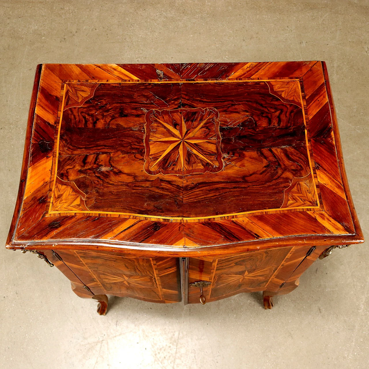 Baroque walnut, cherry and maple panelled bedside table, 18th century 4