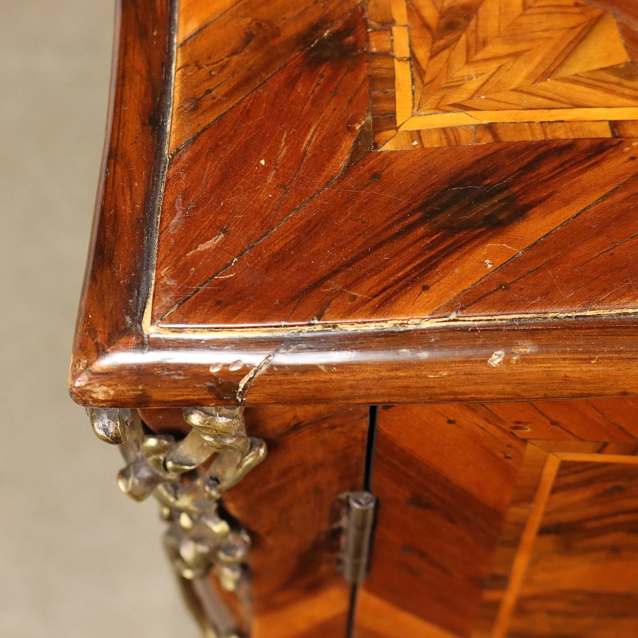 Baroque walnut, cherry and maple panelled bedside table, 18th century 6