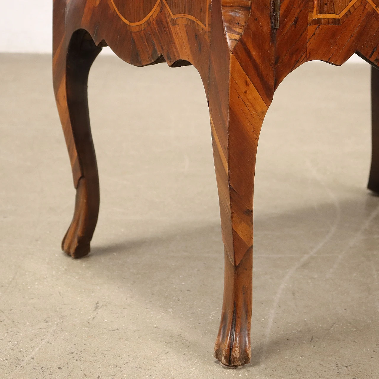 Baroque walnut, cherry and maple panelled bedside table, 18th century 8