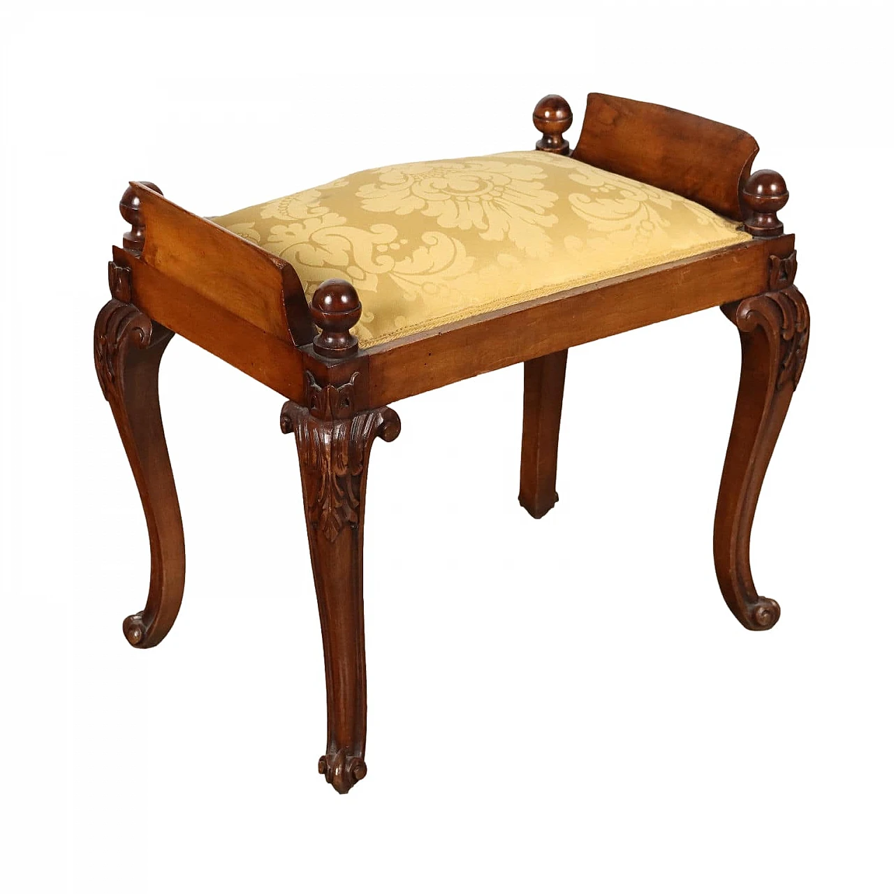 Baroque-style bench in carved walnut and yellow damask fabric 1