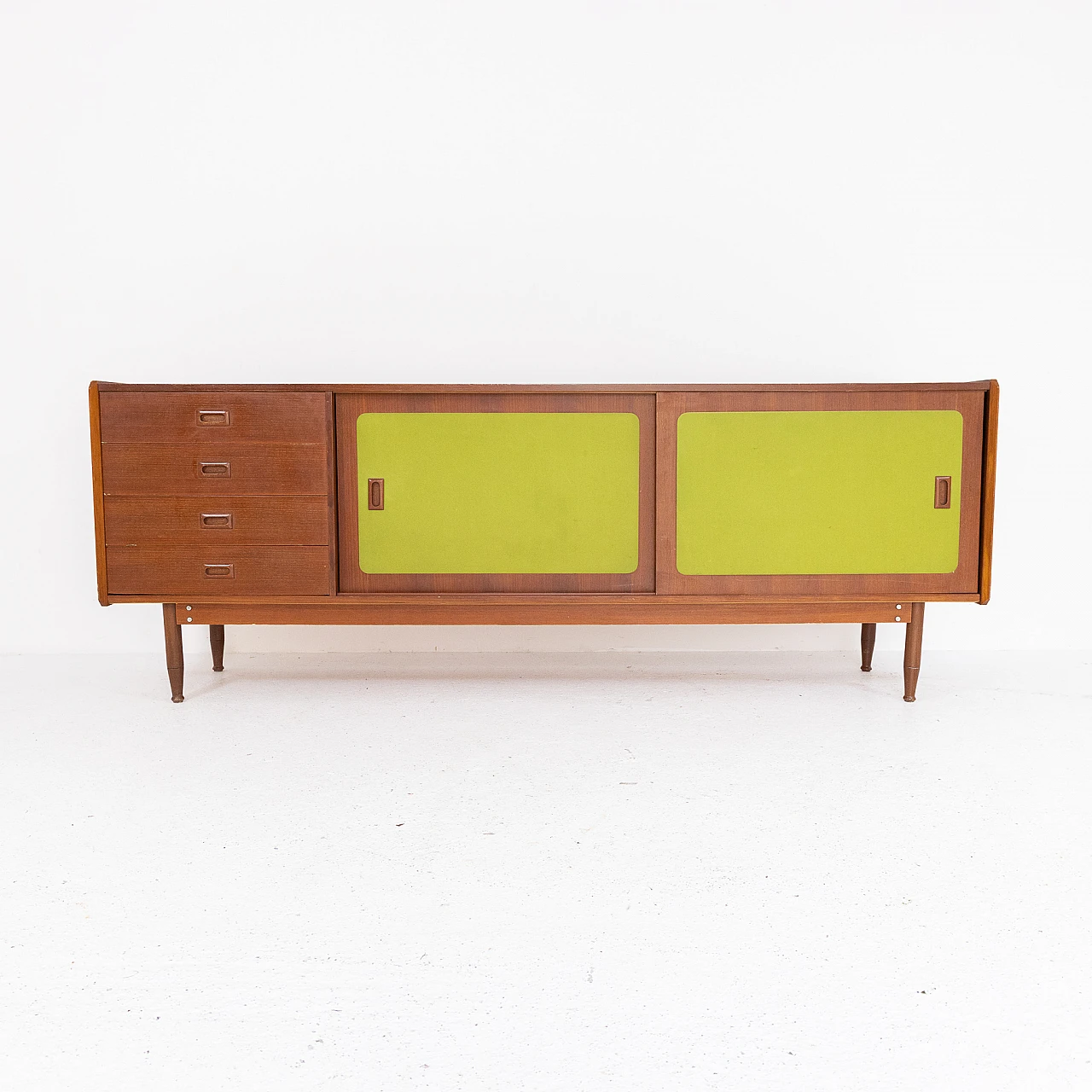 Italian walnut wood and green fabric sideboard, 1970s 1