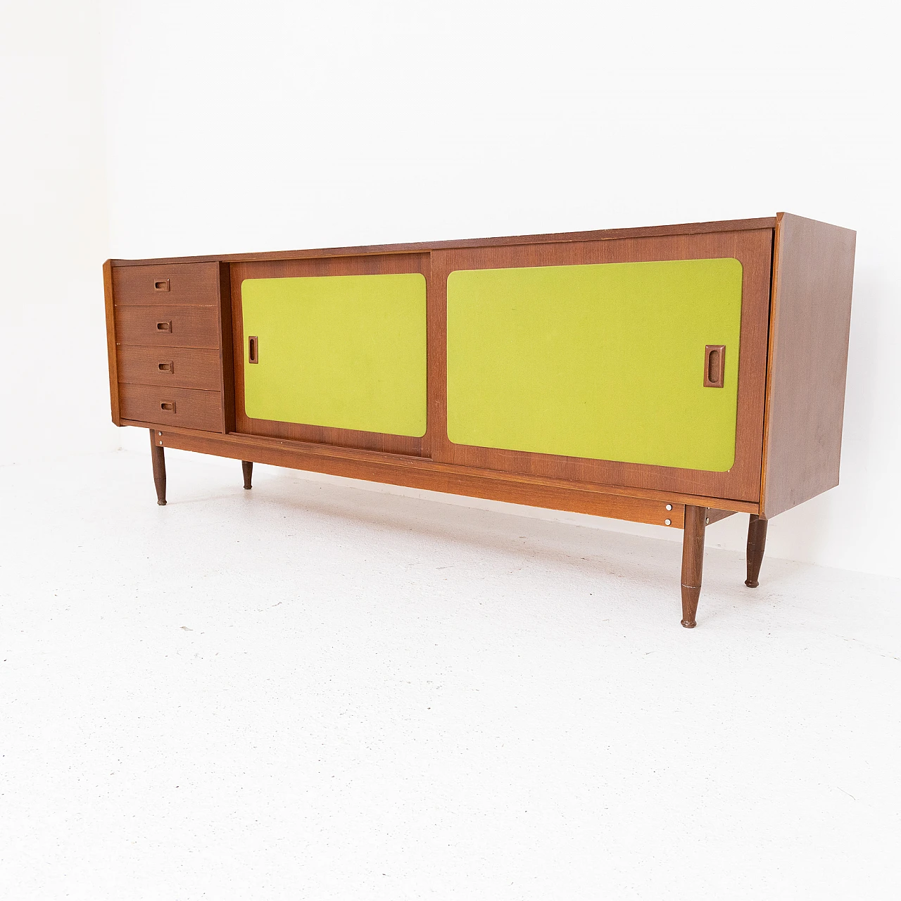 Italian walnut wood and green fabric sideboard, 1970s 2