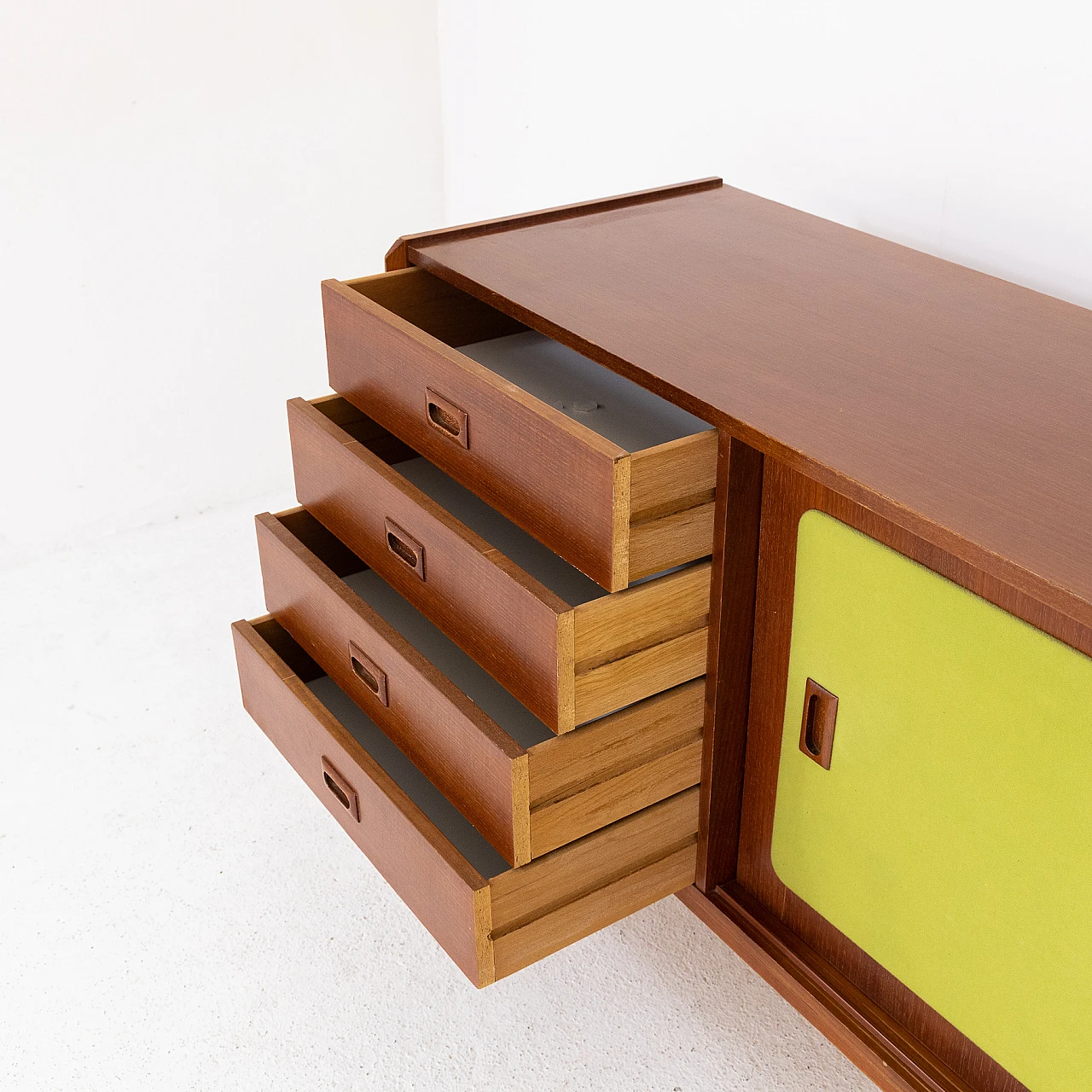 Italian walnut wood and green fabric sideboard, 1970s 3