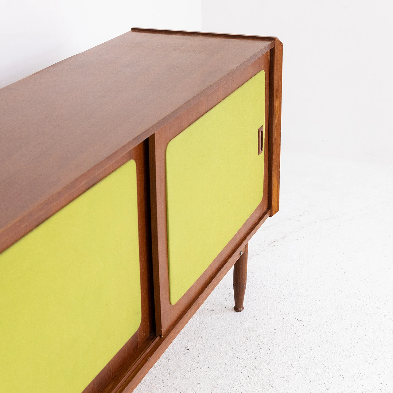 Italian walnut wood and green fabric sideboard, 1970s 4