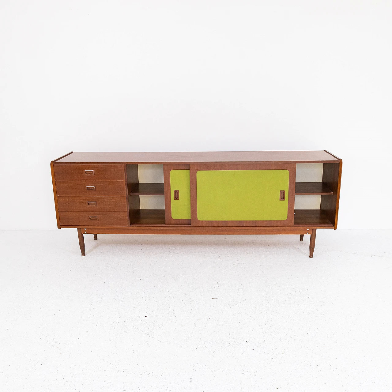 Italian walnut wood and green fabric sideboard, 1970s 5