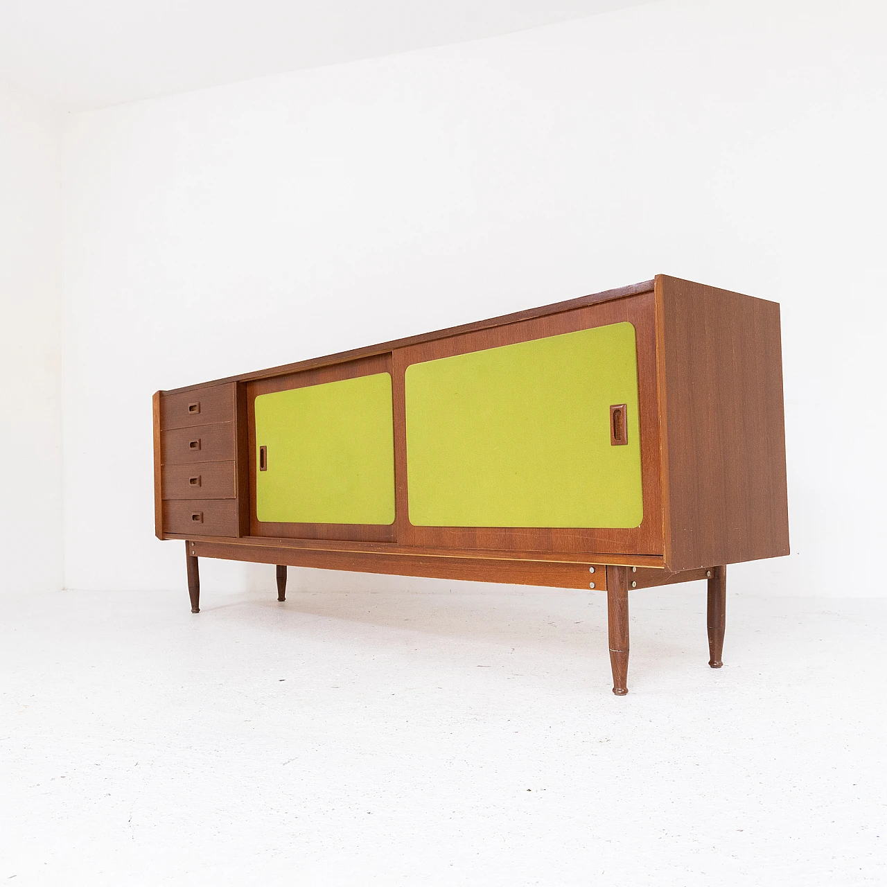 Italian walnut wood and green fabric sideboard, 1970s 7