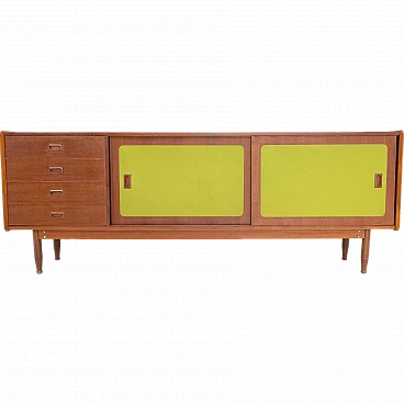 Italian walnut wood and green fabric sideboard, 1970s