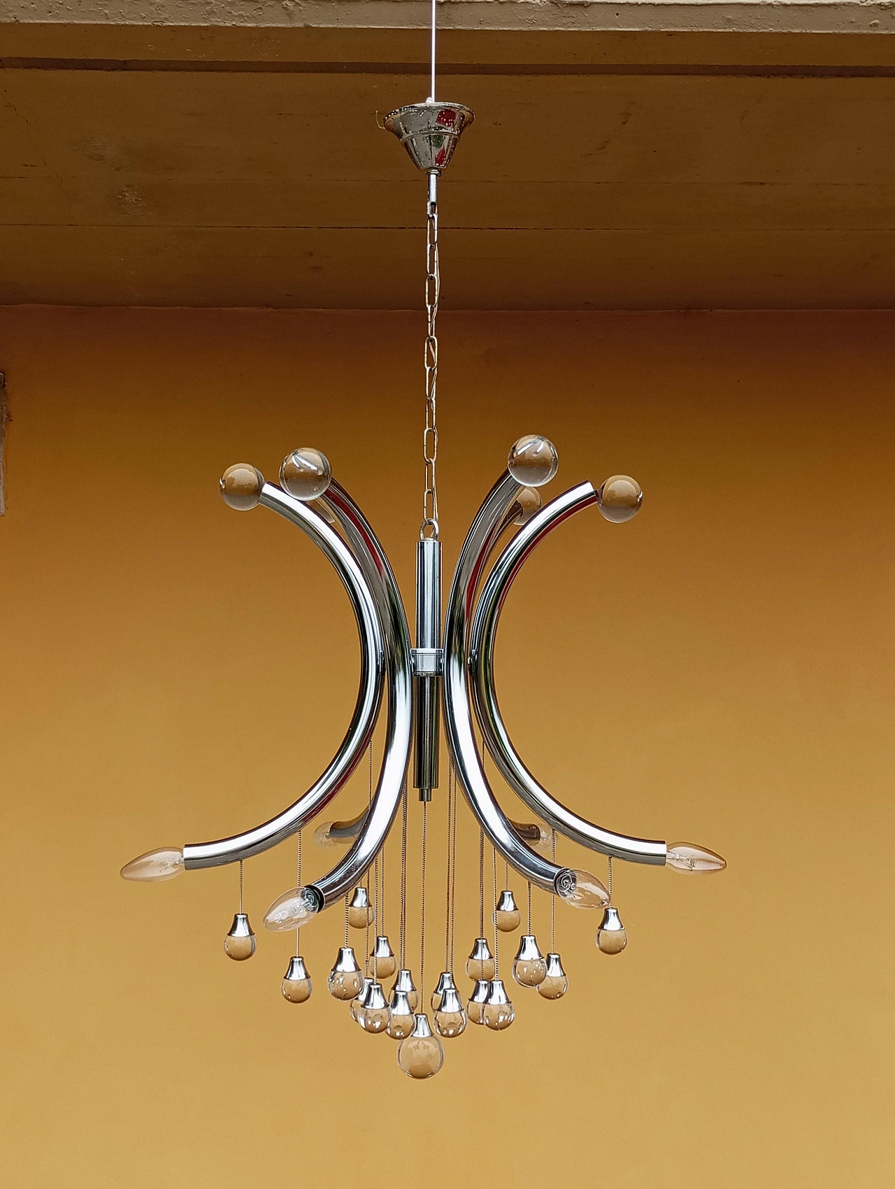 Chandelier chrome structure with glass spheres by Gaetano Sciolari, 1970s 2