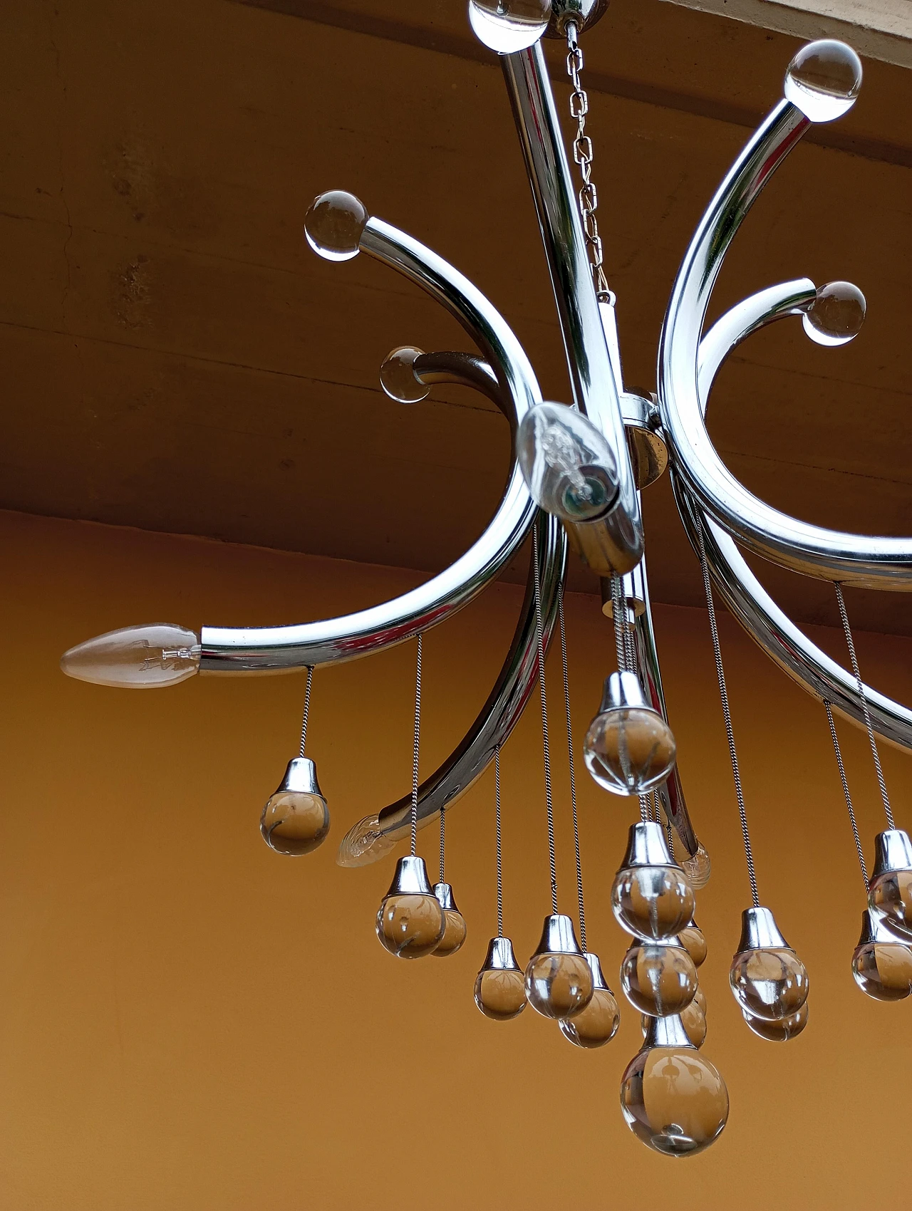 Chandelier chrome structure with glass spheres by Gaetano Sciolari, 1970s 4