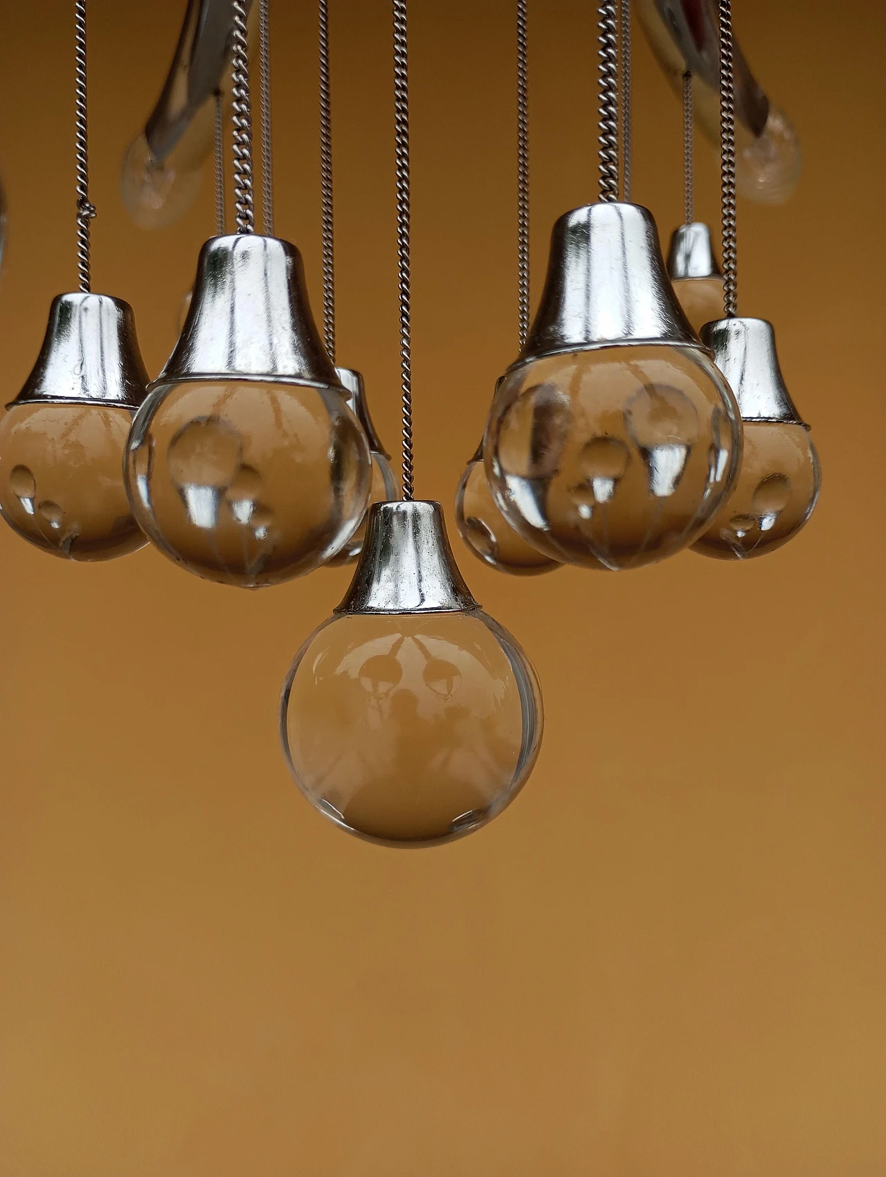 Chandelier chrome structure with glass spheres by Gaetano Sciolari, 1970s 7