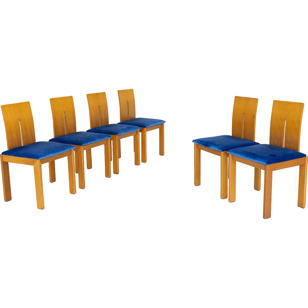 6 Chairs in cherry wood and blue velvet, 1980s 9