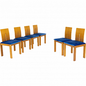 6 Chairs in cherry wood and blue velvet, 1980s