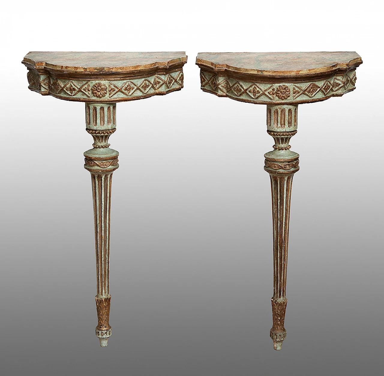 Pair of antique demi lune consoles in green and gold lacquer with top 1