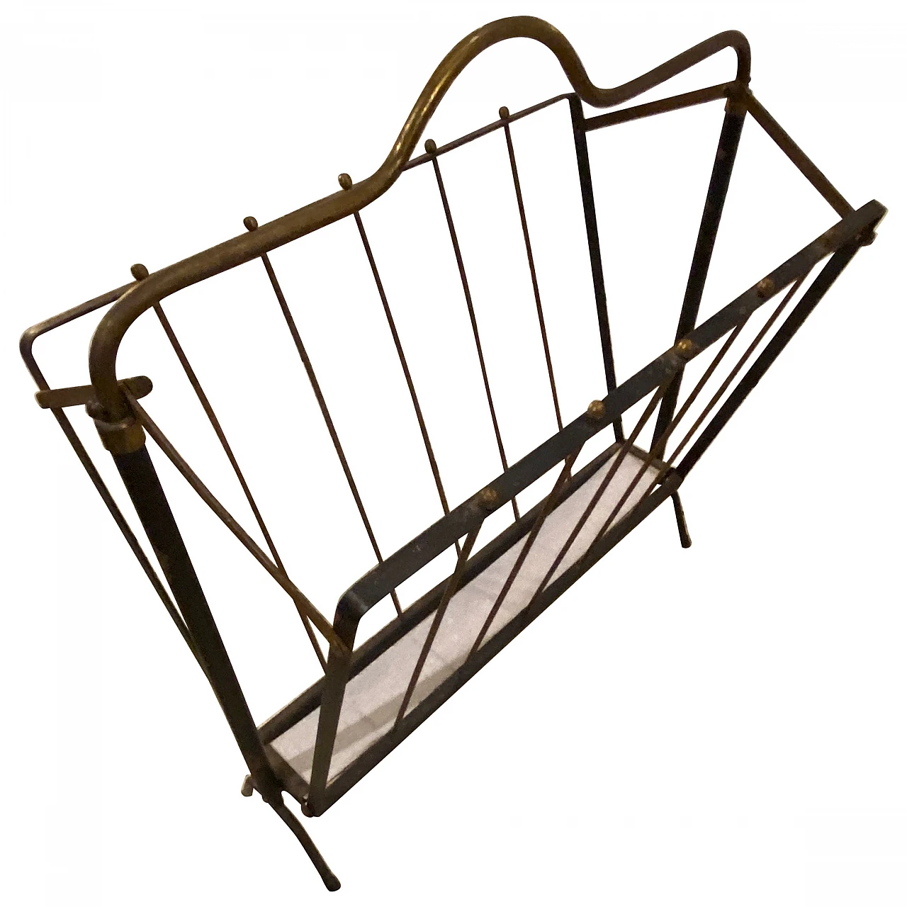 Black painted iron and brass magazine rack, 1950s 1