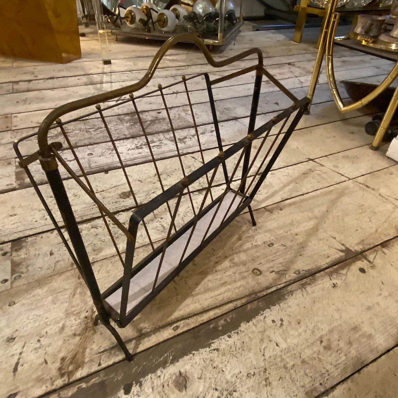 Black painted iron and brass magazine rack, 1950s 2