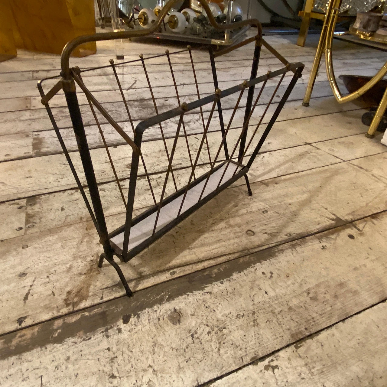 Black painted iron and brass magazine rack, 1950s 3