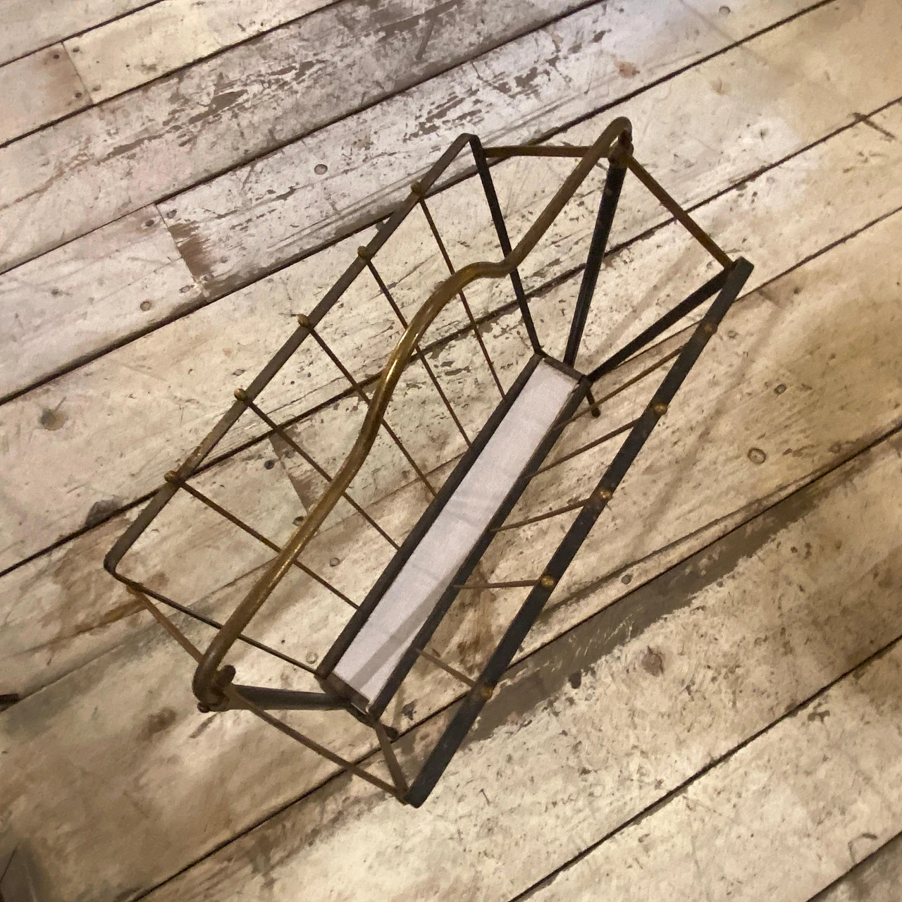 Black painted iron and brass magazine rack, 1950s 6