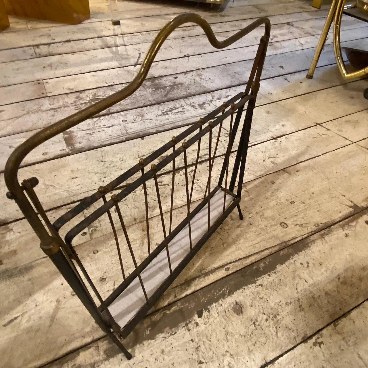 Black painted iron and brass magazine rack, 1950s 8