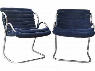 Pair of blue velvet & metal cantilever armchairs in Rima style, 1970s