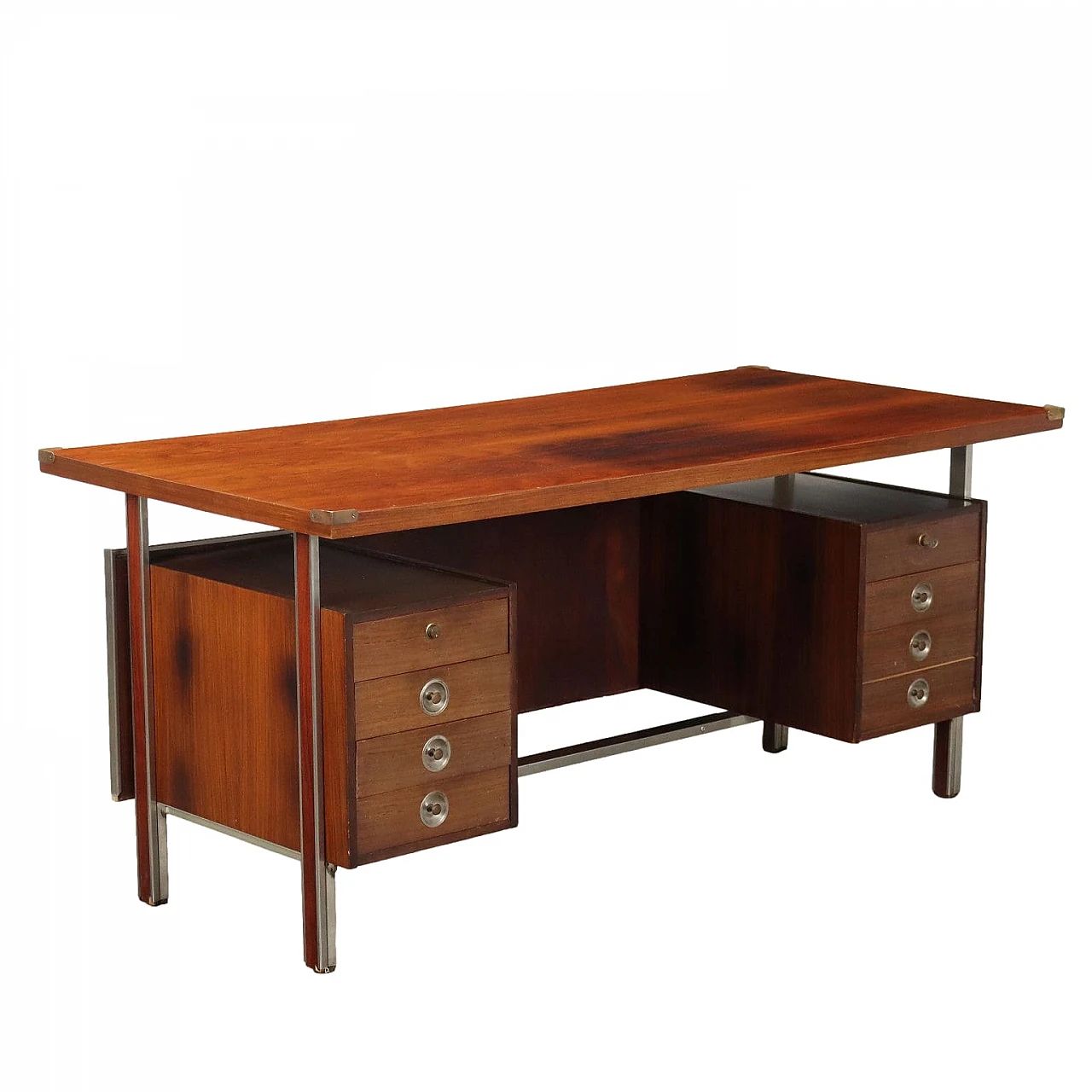 Metal and exotic wood veneer desk, 1960s 1