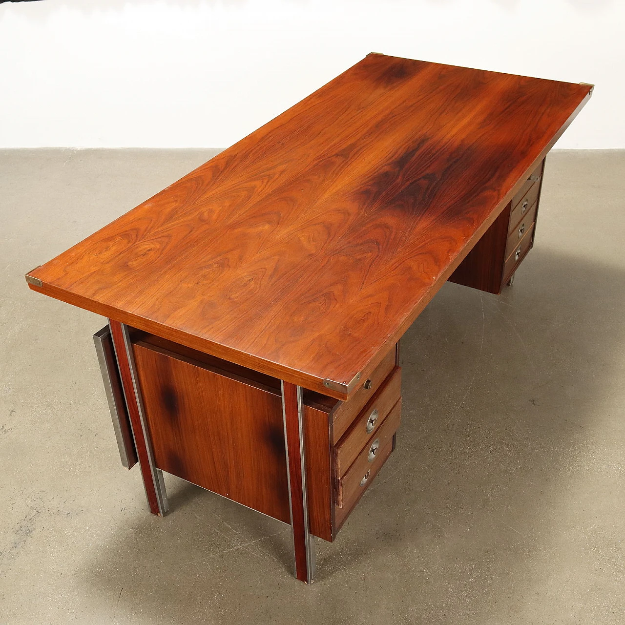 Metal and exotic wood veneer desk, 1960s 7