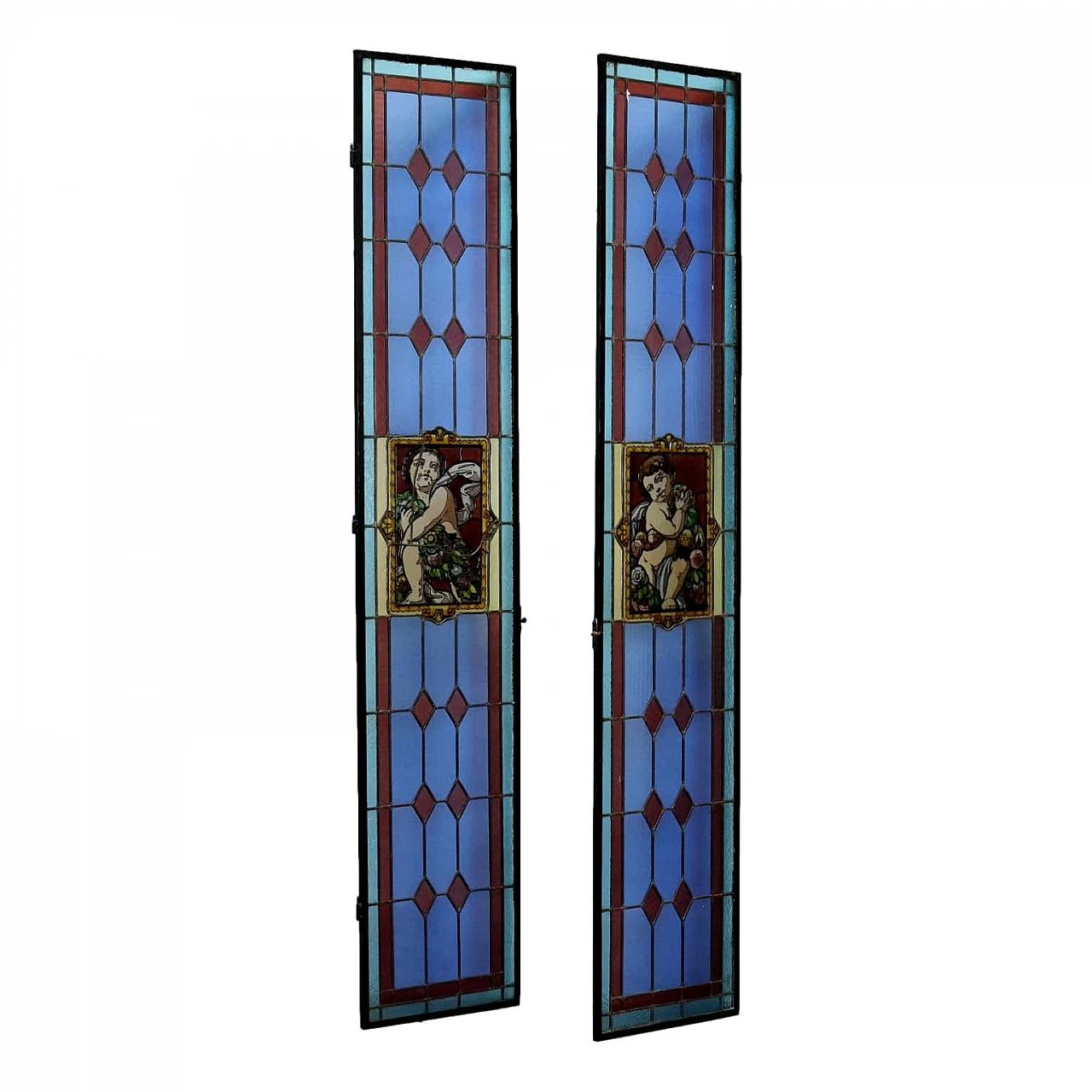 Pair of Art Nouveau stained glass windows with putti and flowers 1