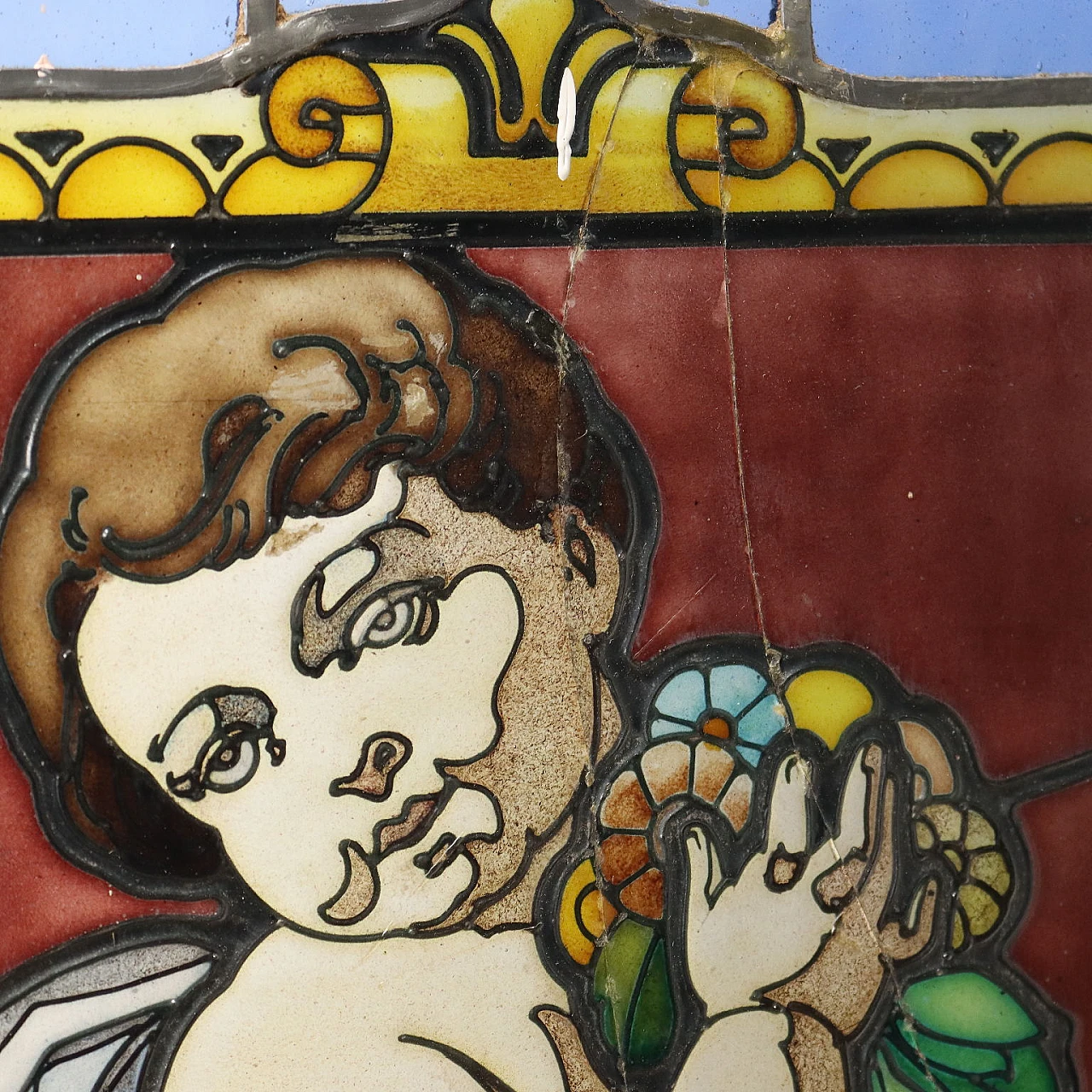 Pair of Art Nouveau stained glass windows with putti and flowers 9