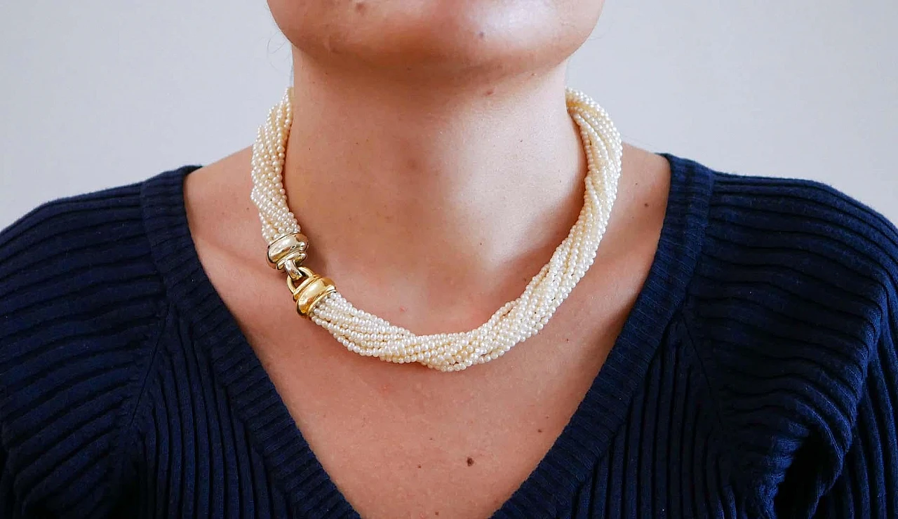 Collana in oro giallo e bianco 18 kt con perle, anni '50 5