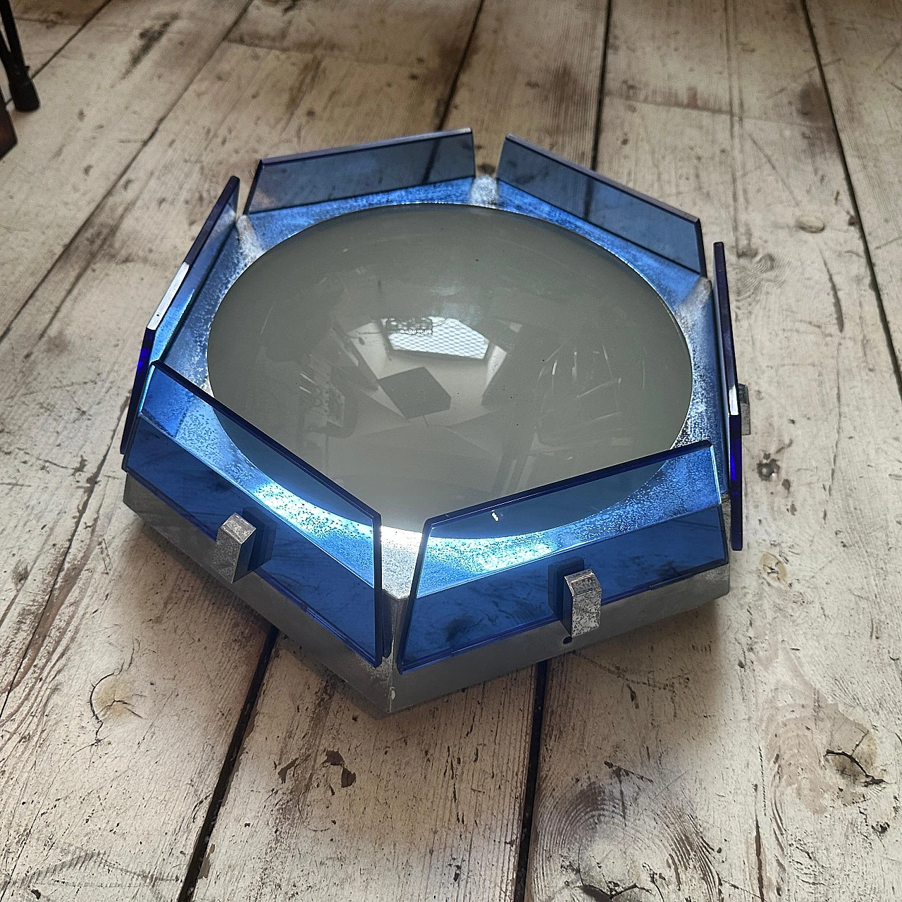 Hexagonal blue glass ceiling lamp by Veca, 1970s 8