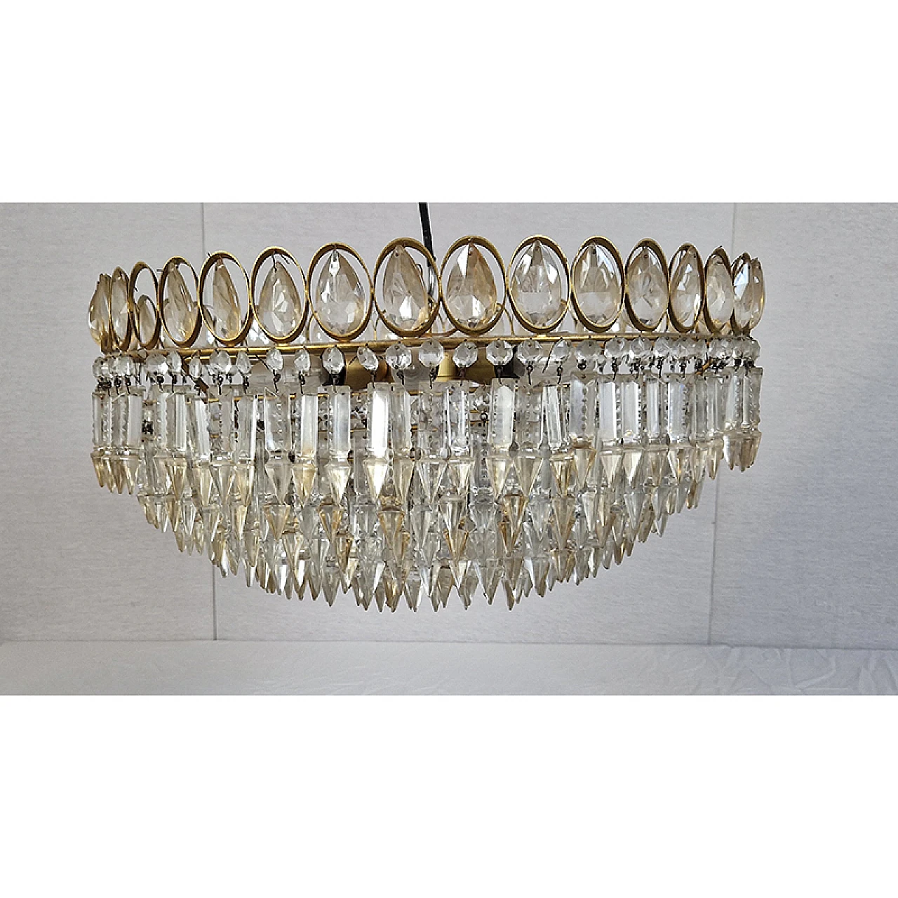 Empire style ceiling lamp in sheet metal, gilt bronze and crystal, '50 1