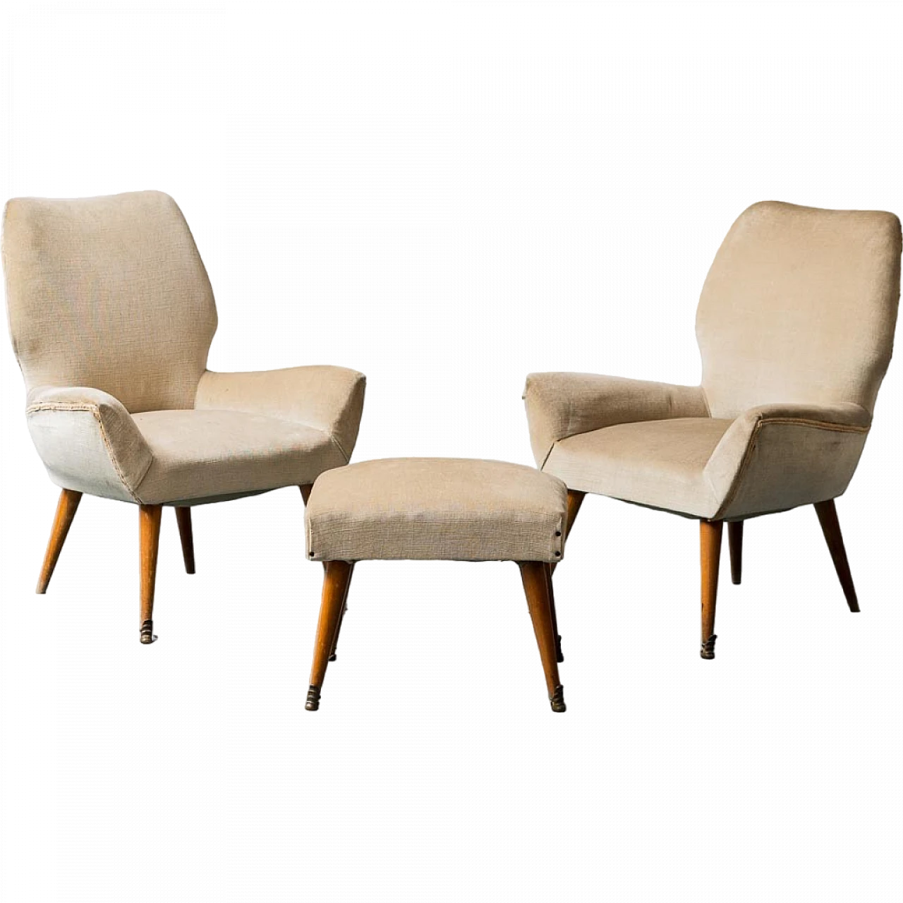 Pair of armchairs with beige velvet pouf, 1950s 13