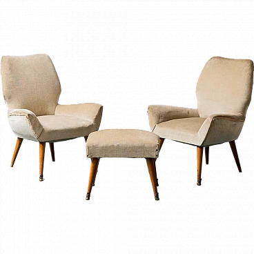 Pair of armchairs with beige velvet pouf, 1950s