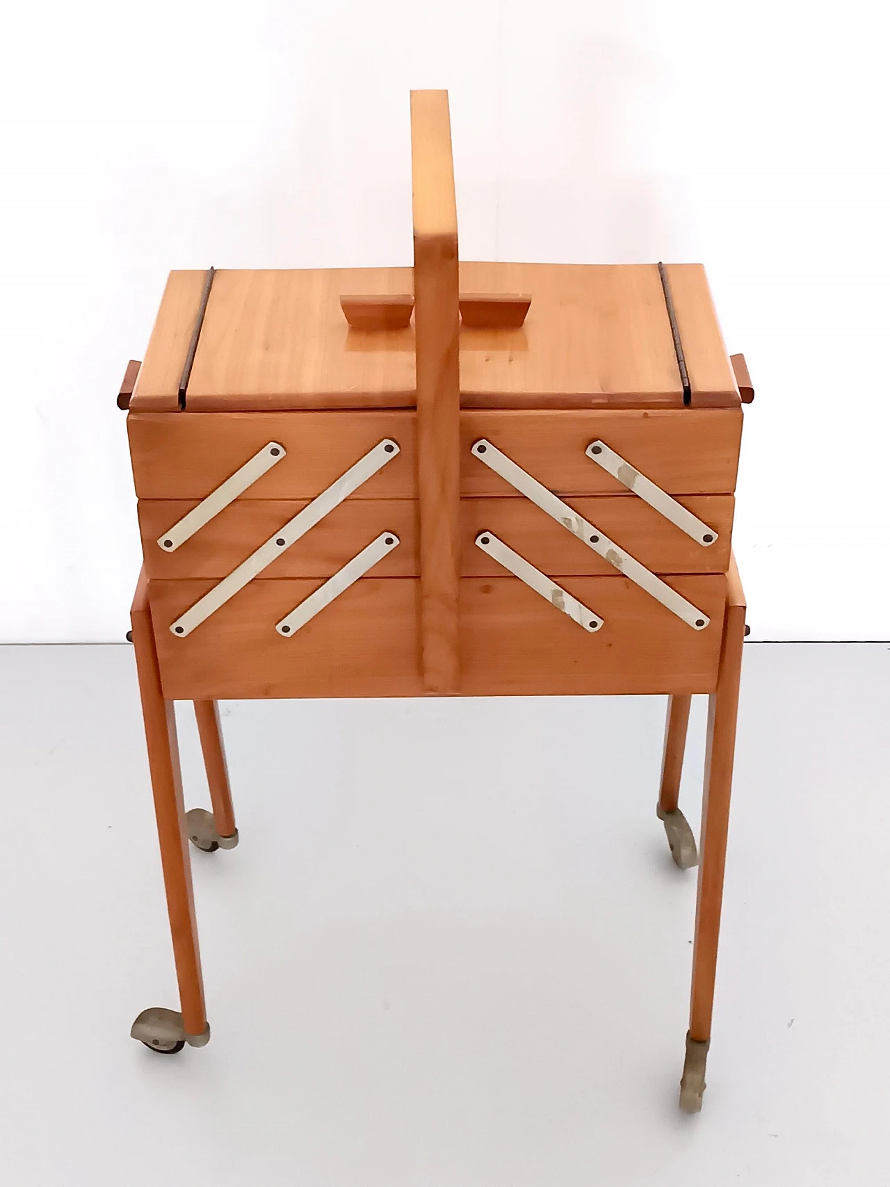 Solid cherrywood standing sewing cabinet or box, 1950s 4