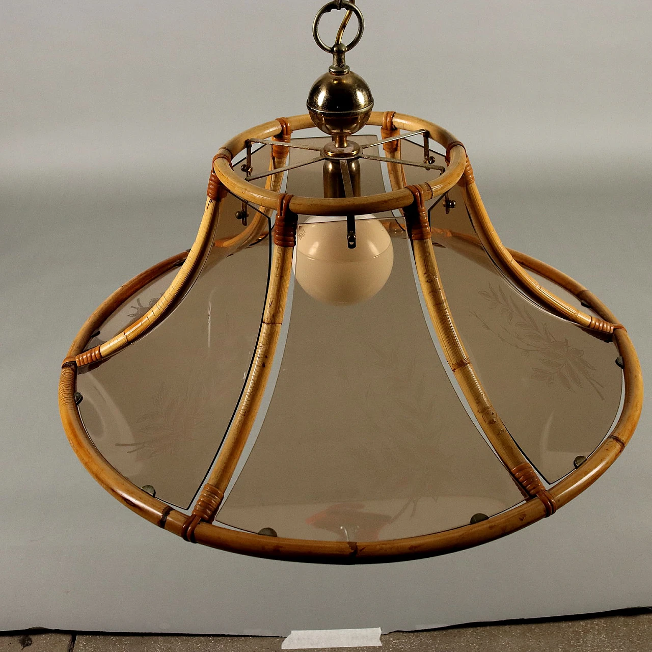 Bamboo and smoked glass chandelier, 1980s 4