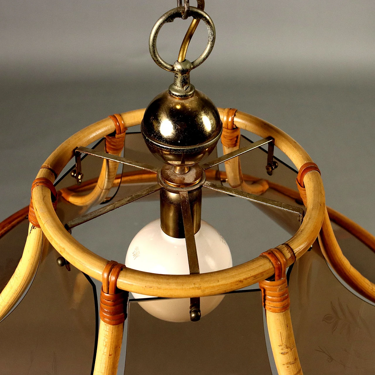 Bamboo and smoked glass chandelier, 1980s 5