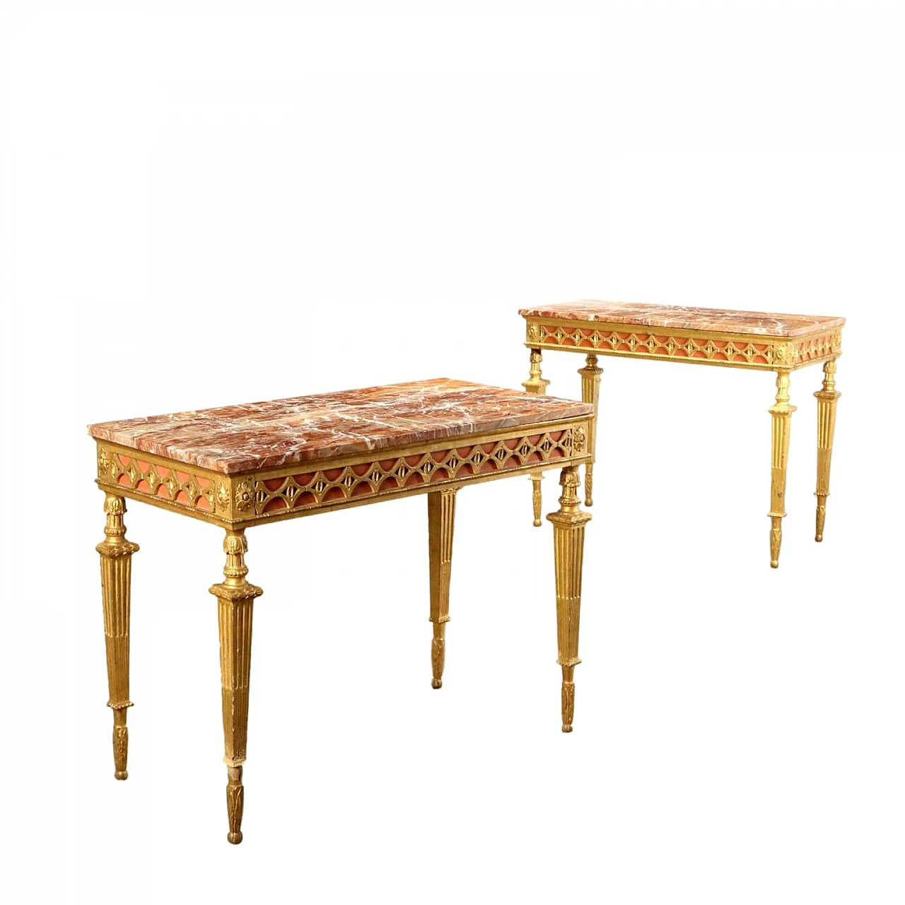 Pair of wood and marble console tables in Neoclassical style 1