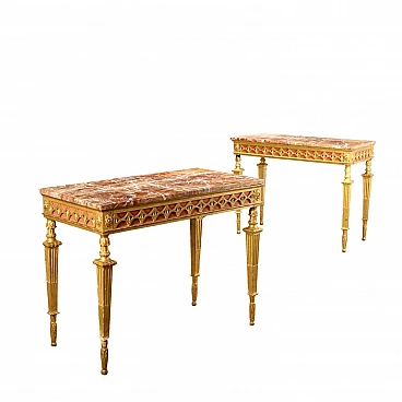 Pair of wood and marble console tables in Neoclassical style