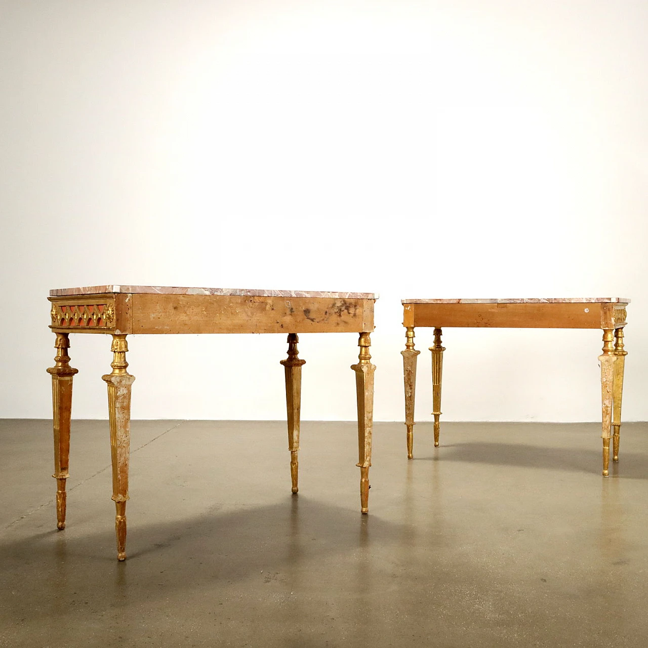 Pair of wood and marble console tables in Neoclassical style 10