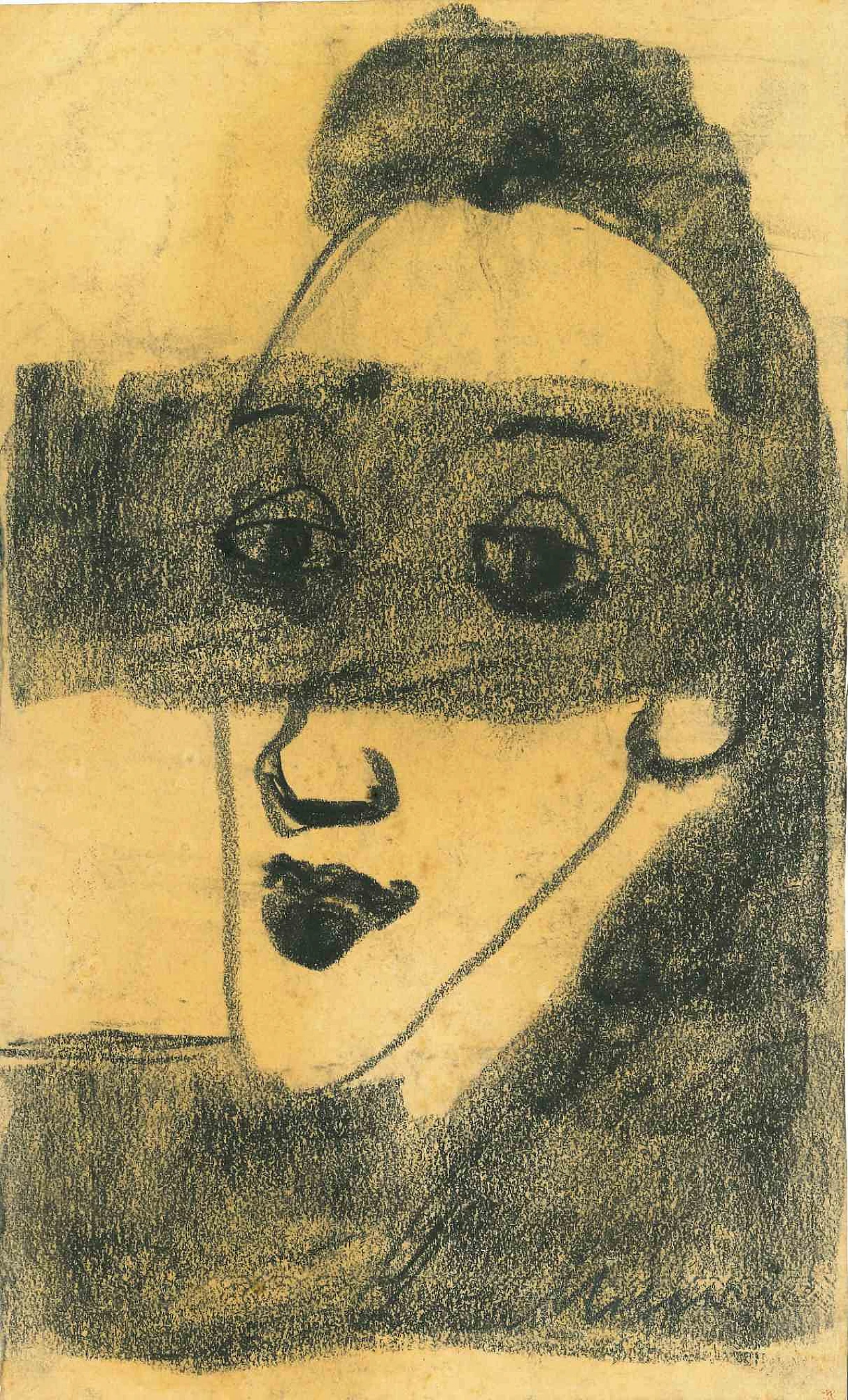 Mino Maccari, Portrait, charcoal drawing on yellow paper, 2000s 1