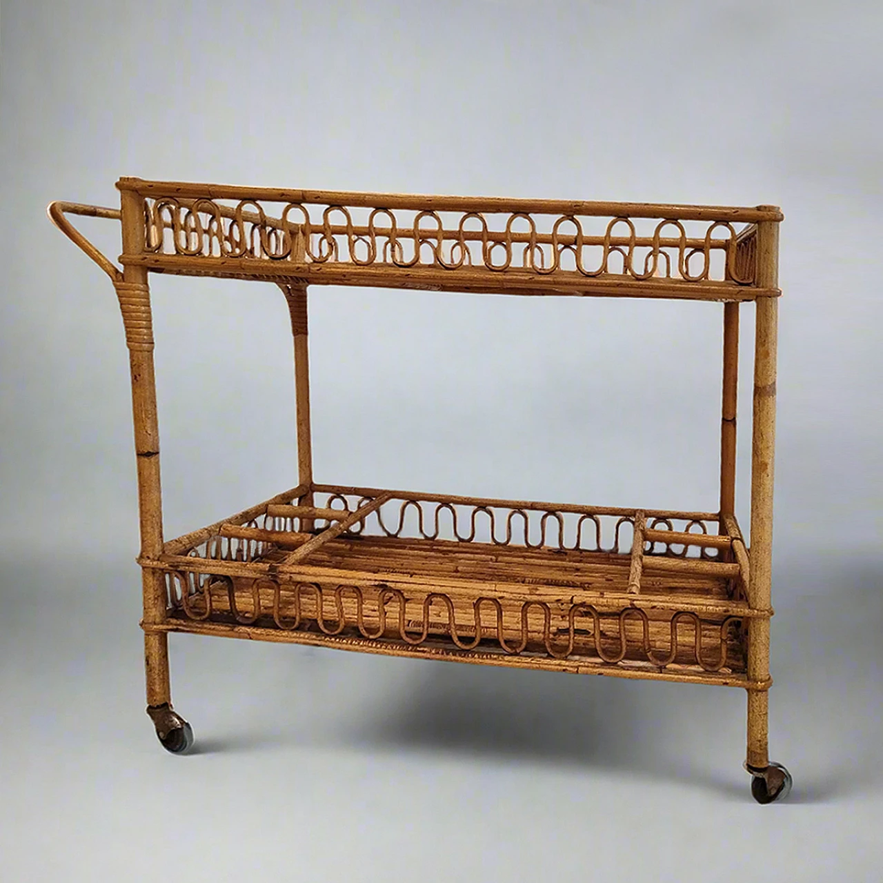 Bamboo & Rattan Serving Bar Cart Trolley by Franco Albini, 1960ss 4