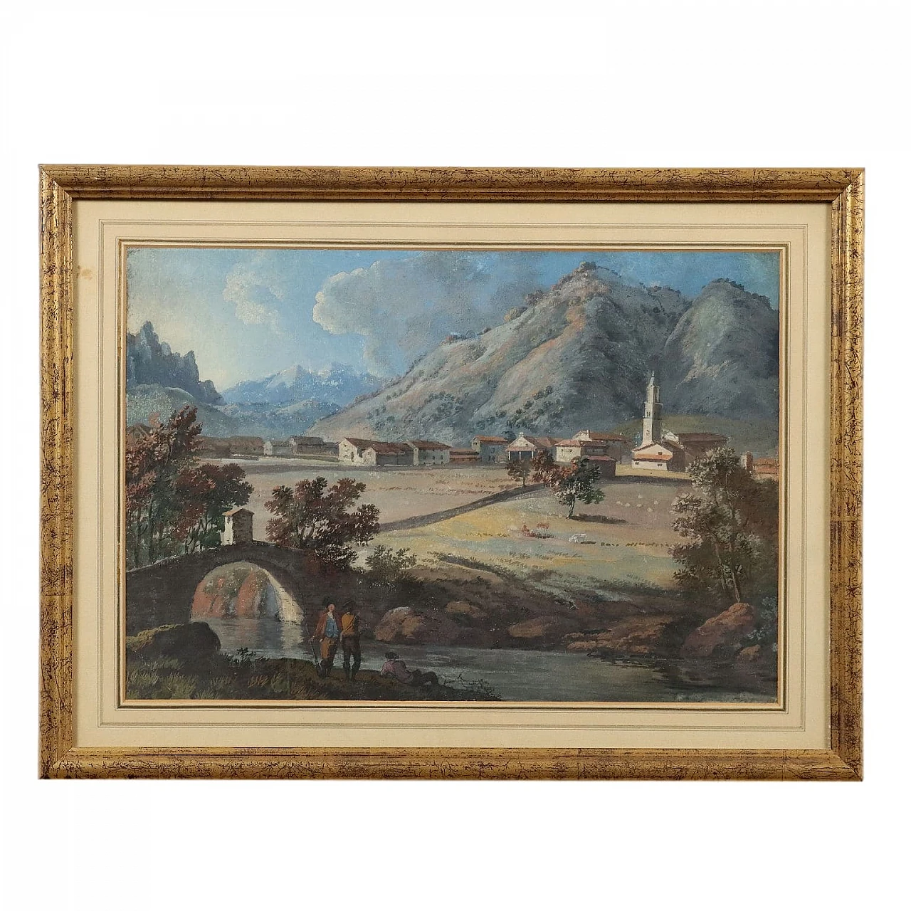 Landscape with river and figures, gouache on cardboard, 18th century 1