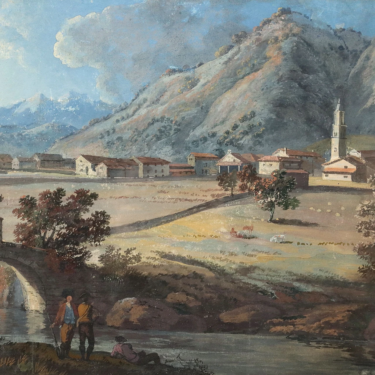 Landscape with river and figures, gouache on cardboard, 18th century 3