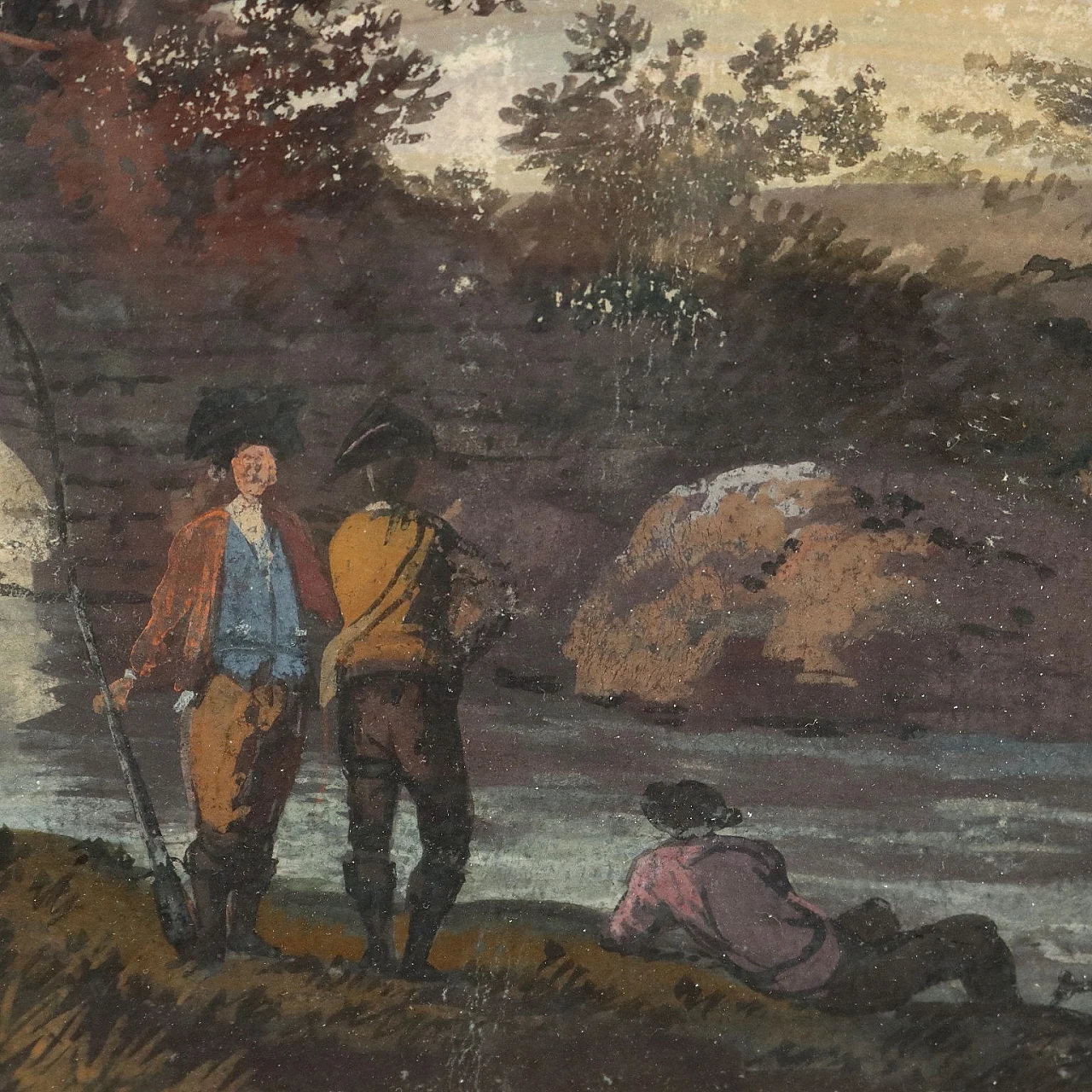 Landscape with river and figures, gouache on cardboard, 18th century 4